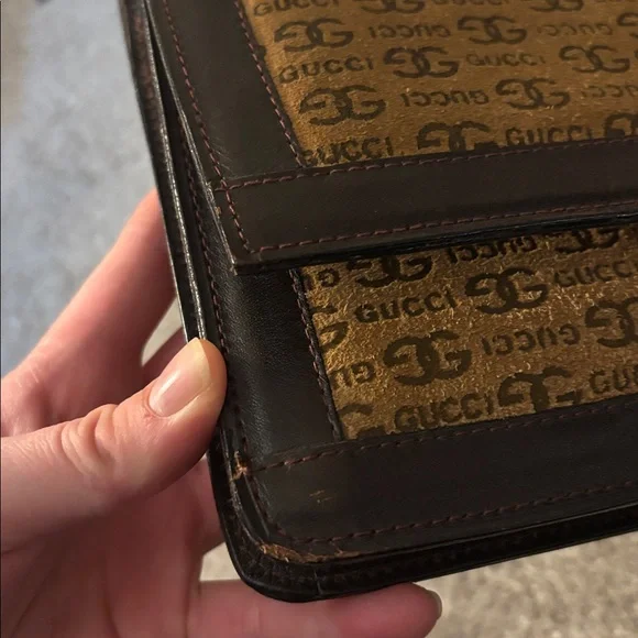 🐿️ Vintage 1980s Gucci GG Monogram Canvas Clutch Shoulder Bag Brown Leather Trim - Picture 13 of 15